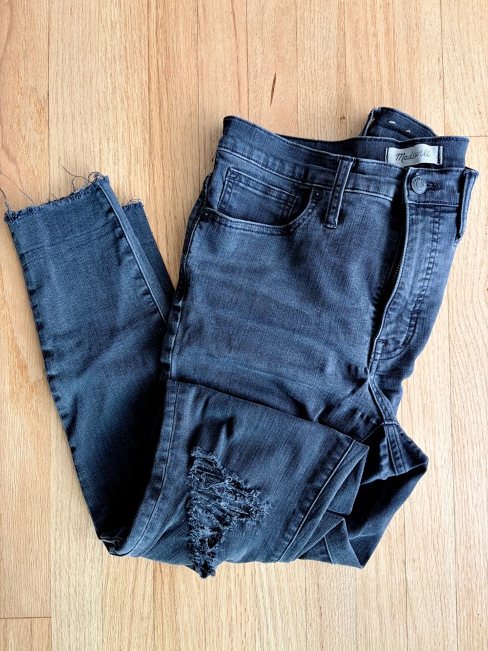 Madewell Women's Charcoal Skinny Jeans with Frayed Knee